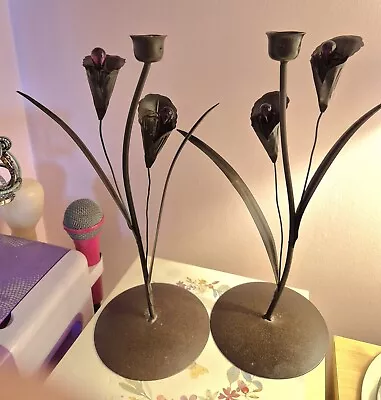 Buy Pr. Black Metal Flower With Pink Glass Centre, And Candle Holder , Round Base.  • 6£