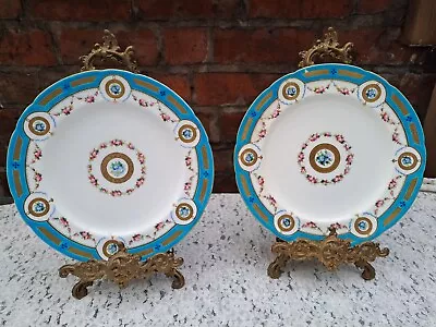 Buy 2 X Antique Minton Hand Painted Floral, Turquoise Enamel Plates 9.20 Inches • 90£