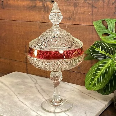 Buy Vintage Indiana Glass Ruby Red Rim Diamond Point Footed Candy Dish Compote • 22.37£