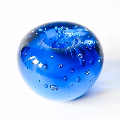 Buy APPLE ART GLASS PAPERWEIGHT - Cobalt Blue Bubbles Decorative Ornament Vintage • 16.50£