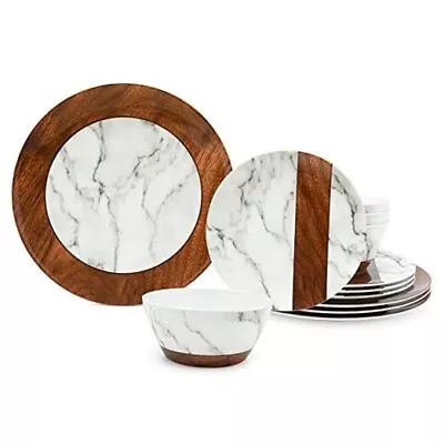 Buy Rustic Modern Melamine Dinnerware Sets, Marble 12-Piece Marble And Wood Grain • 60.19£