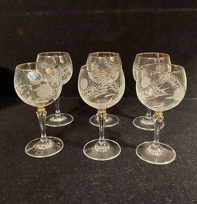 Buy Bohemia Hand Cut Lead Crystal 24k Gold Detail  Set Of 6 Wine Goblets 6.25” Tall • 50.32£