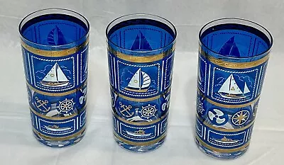 Buy 3 MCM Cobalt Blue 5.5”T Nautical HighBall Glasses HTF Pattern Barware Ship Boat • 35.48£