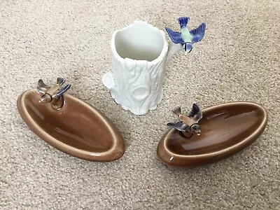 Buy WADE Bundle-Rare White Blue Bird Trunk Vase/ Posy Holder And 2x Blue Bird Dishes • 21£