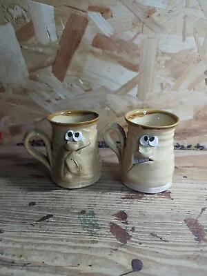 Buy Vintage Ugly Face Pottery Clay Mugs X2 • 19.99£