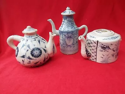 Buy Chinese Antique Three Small Blue & White Hand Painted Teapots • 12.99£