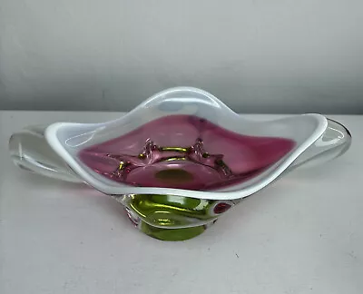 Buy Josef Hospodka CHRIBSKA Heavy Czech Art Glass Bowl Dish Ashtray Pink Green White • 29.95£