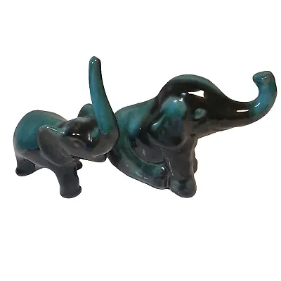Buy Elephant Figurines Blue Mountain Pottery Adult And Baby W/Raised Trunk Teal • 34.53£