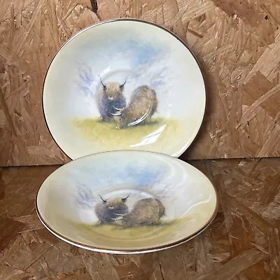 Buy 2 X Christopher Hughes Highland Cow Bull Saucers 13cm Ex Royal Worcester Artist • 4.99£