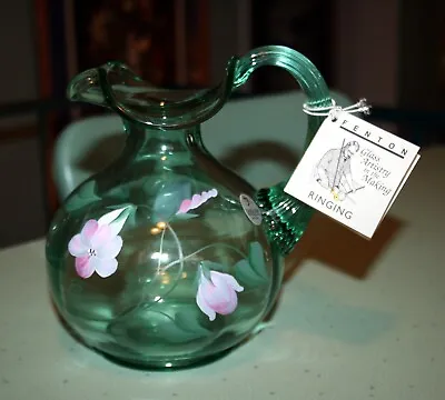 Buy Vintage Fenton Sea Mist Green Morning Glories Flowers Signed Pitcher Tag Sticker • 46.60£
