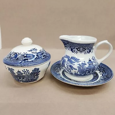 Buy Churchill Blue Willow Creamer Sugar With Lid And Saucer England Excellent • 23.29£