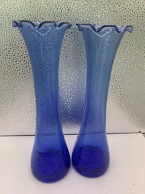 Buy PR Vintage Cobalt Blue Crackle Glass Vase W/ Fluted Rim 8  Tall Hand Blown • 11.18£