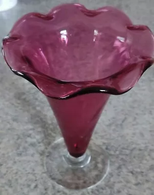 Buy Cranberry Glass Vase With Crinkly Rim On Clear Glass Stand 17 Cm Tall • 4.99£