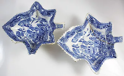 Buy Pair Antique Transfer Ware Blue White Pottery Leaf Pickle Dishes Early 19thC A/F • 19.95£