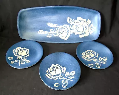 Buy Leaper, Newlyn Blue & White Sgraffito Rose Set: Serving Tray & 4 Tea Plates • 44.95£