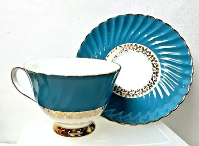 Buy Vintage Royal Adderley Fine Bone China Teacup & Saucer Teal Turquoise Blue Gold • 15.83£