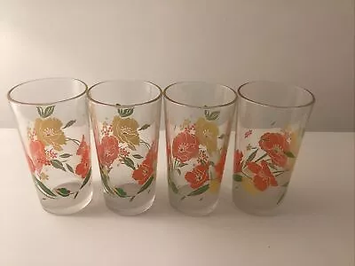 Buy 4 X Drinking Glasses By Covetro Italy Yellow Orange Flowers Vintage Retro 70s • 14.95£