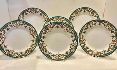 Buy 6 Spode Copeland Dinner Plates, Turquoise Enamel Borders, Ornate Beaded Gilding • 647.69£