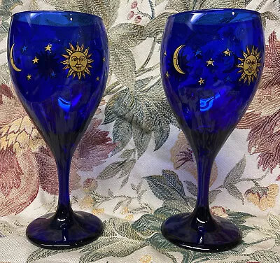 Buy Libby Cobalt Blue Celestial Sun Moon & Stars Long Stem Wine Glass Set 2 Mint !! • 37.33£
