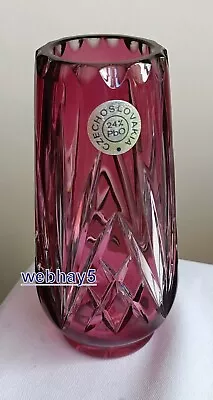 Buy Czechoslovakia 24% Lead Crystal Cut Cranberry Glass Vase • 9.99£