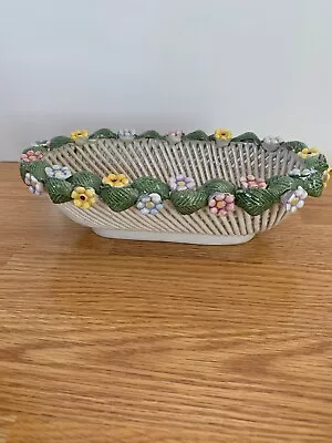 Buy Vintage Hand Built Lattice Basket  With Petite Flowers And Green Leafs • 50£