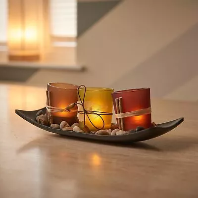 Buy Set Of 3 Tea Light Glass Candle Votive Tealight Holders With Tray And Pebbles • 12.99£