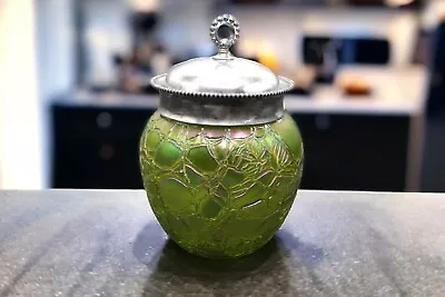Buy Kralik Bohemian Art Nouveau Green Threaded Iridescent Crackle Glass Biscuit Jar • 200.37£