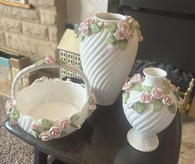 Buy St Michael Ceramic White With Pink Roses - 2 Vases, Jug & Trinket Basket • 8£