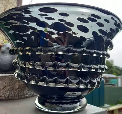 Buy Handmade Huge/Heavy Glass Bowl Centrepiece NEWGRANGE Black/Clear Patterned VGC. • 33.25£