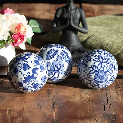 Buy Set Of 3 Deco Balls Blue & White Floral Pattern 10cm Ceramic Decorative Ornament • 19£