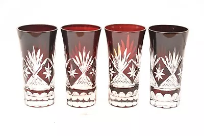 Buy Vtg Set 4 Bohemian Czech Cut To Clear Crystal Shot Glasses Tumblers Cordial Red • 154.34£