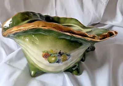 Buy Staffordshire Ironstone Green With Fruit Design & Gold Rimmed Sea Shell Planter • 21.99£