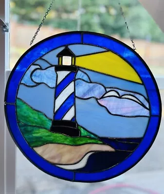 Buy Stained Glass LARGE Window ROUND Hang Lighthouse Handcrafted W/ Hanger 15” X 15” • 86.11£