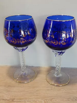 Buy Pair Vintage Long Twisted Stem Cobalt Blue Wine Glasses Gold Gilded (Italian?) • 9.99£
