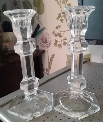 Buy Pair Of Crystal Glass Pillar Candlesticks 18 Cms Tall • 15.99£