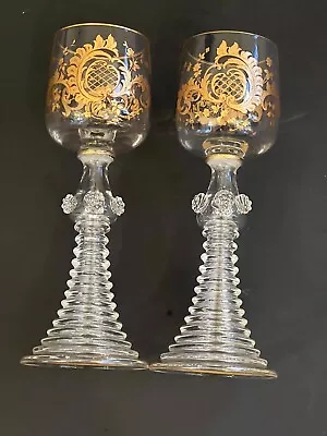 Buy Antique Pair Moser Bohemian Gold Gilt Wine Goblet Glass Tiered Ribbed Stem • 185.45£