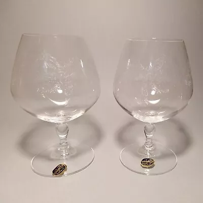 Buy 2 X Vintage 1960's Bohemian Czech Machine Etched Brandy Balloon Snifter Glasses • 10£