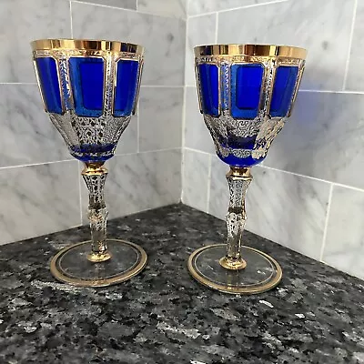 Buy Pair Of Antique Bohemian Moser Cobalt Blue CABOCHON Wine Glass, 7 7/8  Gold Trim • 407.72£