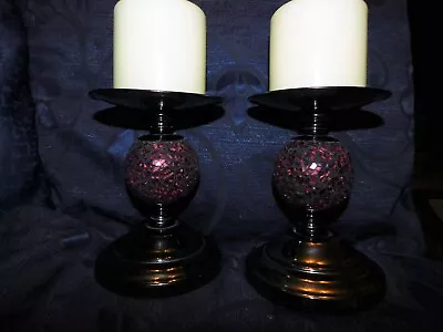Buy Pair Elegant Candlesticks Black + Red Mosaic Centre Ball + 2 Bn Pillar Candles • 30£