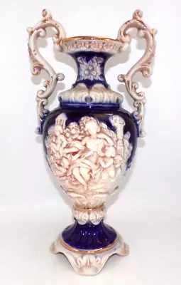 Buy Large Norleans Capodimonte Italian Relief Cherub & Maiden Cobalt Blue Gilt Vase • 45£