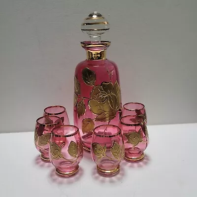 Buy Vintage CRANBERRY GLASS GOLD GILT DECANTER SET & 6 GLASSES MCM BEAUTIFUL SET! • 186.34£