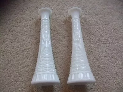 Buy Vintage Pressed Milk Glass Vases Candle Sticks Pair 9  Tall • 12.99£