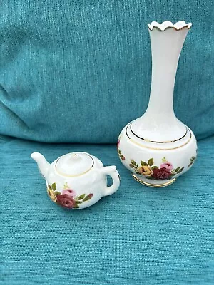 Buy Job Lot 2 Bone China Ornaments Vase & Teapot Cottage Rose Pattern READ • 5£