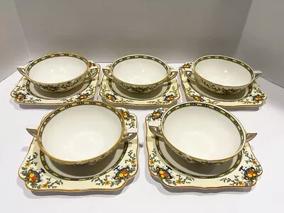 Buy Set Of 5 Crown Ducal Ware Double Handled Soup Bowls & Saucers Blue Urn Floral • 46.63£