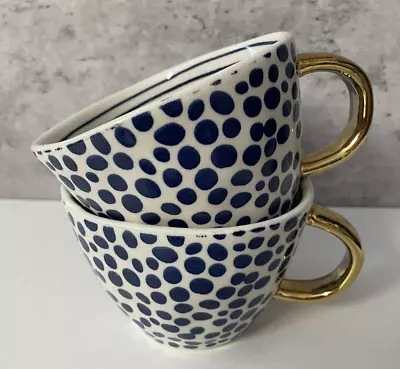 Buy Old Pottery Company Blue Polka Dots & Stripes Gold Handle Cups Cottage Core • 23.30£