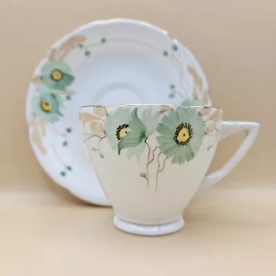 Buy Vintage English Art Deco Fine Bone China Tea Cup And Saucer With Green Poppies • 15£