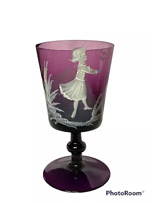 Buy VTG. Mary Gregory Wine Goblet Little Girl Purple Amethyst Art Glass Hand Painted • 22.37£