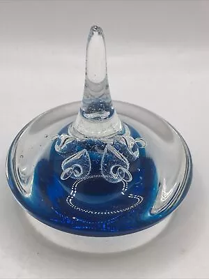 Buy Vintage Art Glass Ring Holder Paperweight Blue Bubbles • 15£