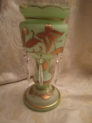 Buy Victorian Bohemian Green Case Glass Heavy Raised Gold Trim Mantle W Prisms • 144.45£