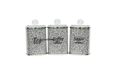 Buy 3pc Silver Crushed Diamond Crystal Filled Tea Coffee Sugar Canisters Jars • 29.99£